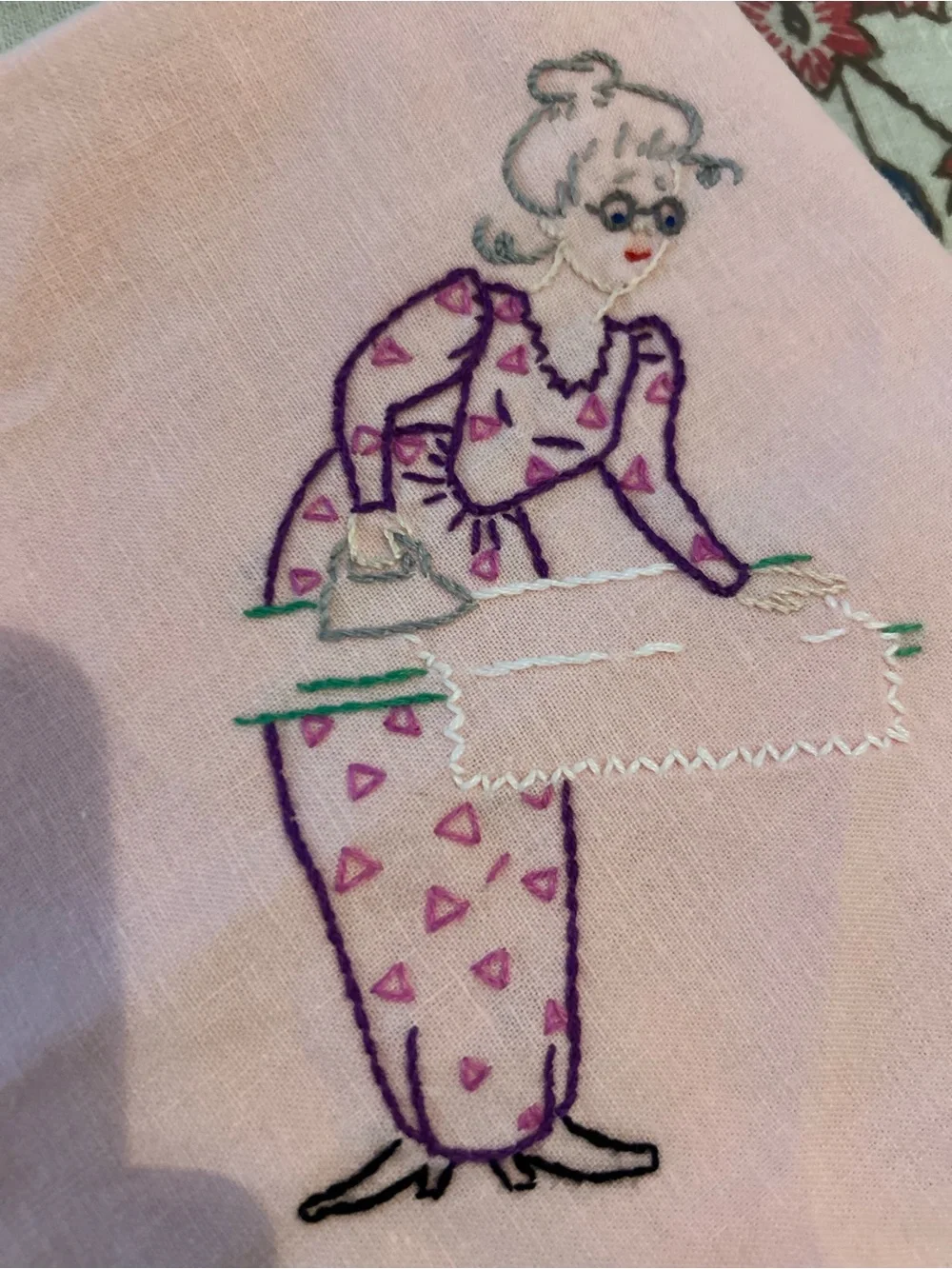 Vintage Embroidered Pink Lady Figural Tea Towel large size 16.5 x 17